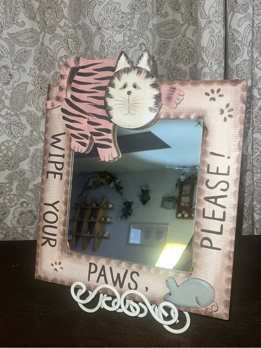Vintage Folk Art Wooden Cat Wall Mirror - 